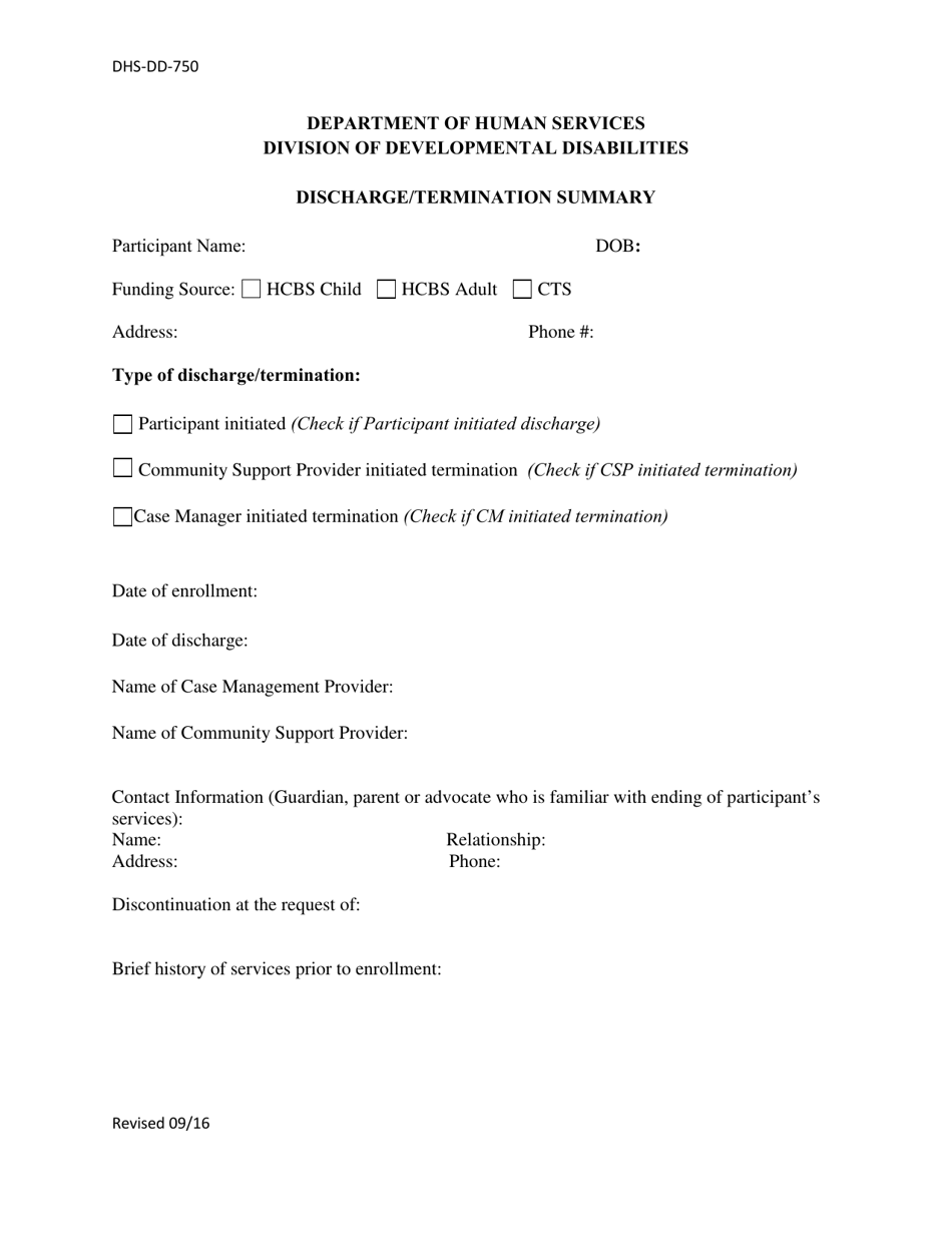 Form DHS-DD-750 Discharge / Termination Summary - South Dakota, Page 1