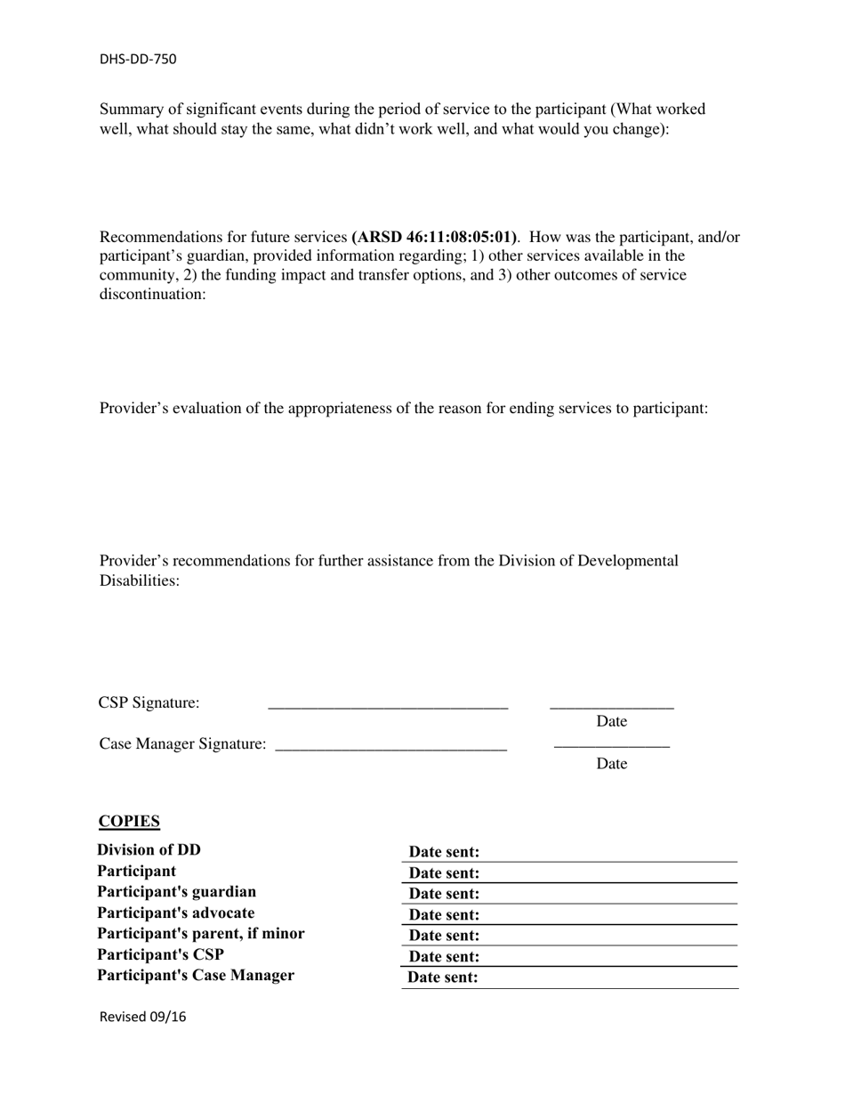 Form DHS-DD-750 Discharge / Termination Summary - South Dakota, Page 2