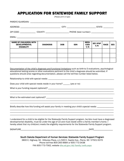 Application for Statewide Family Support - South Dakota Download Pdf