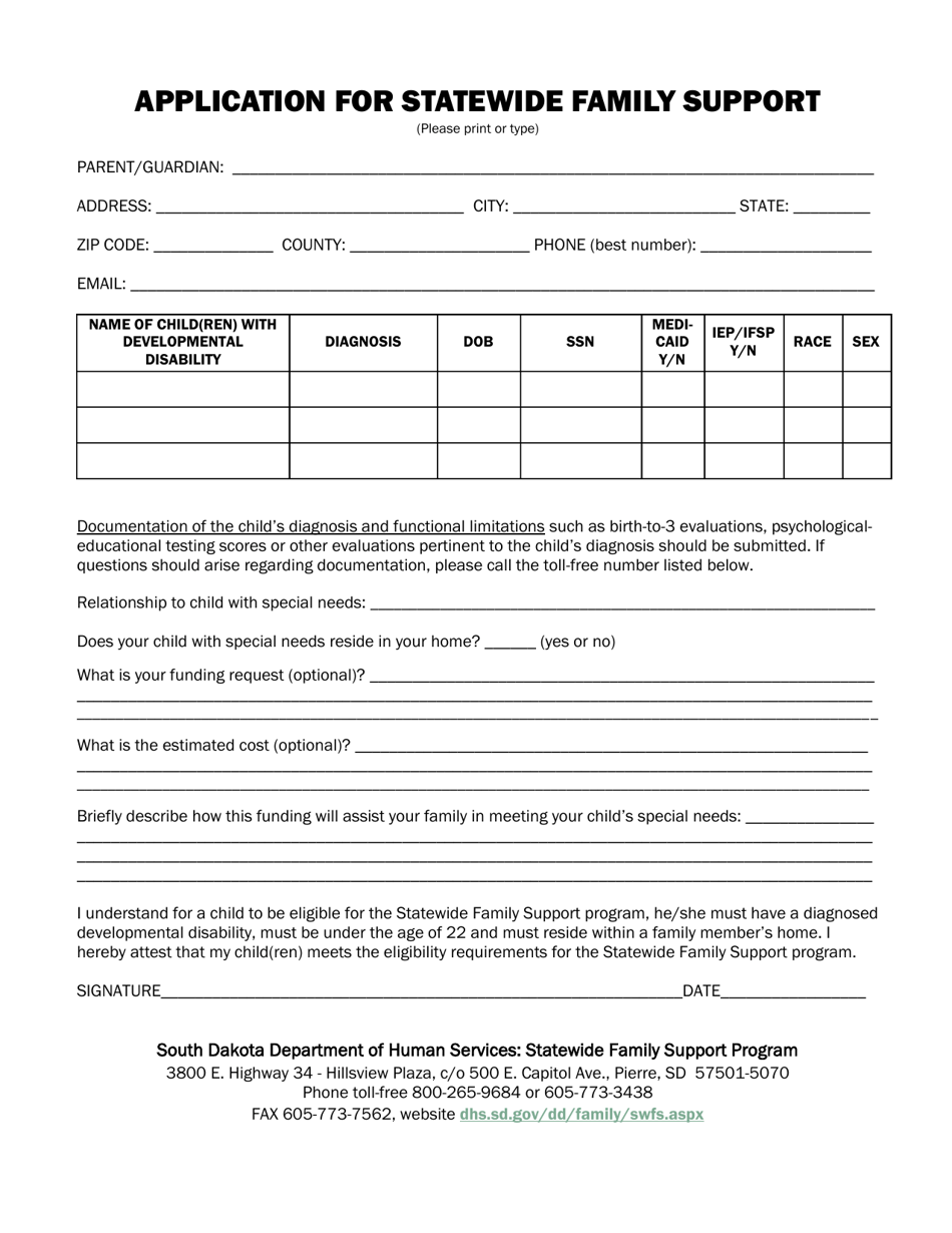 Application for Statewide Family Support - South Dakota, Page 1