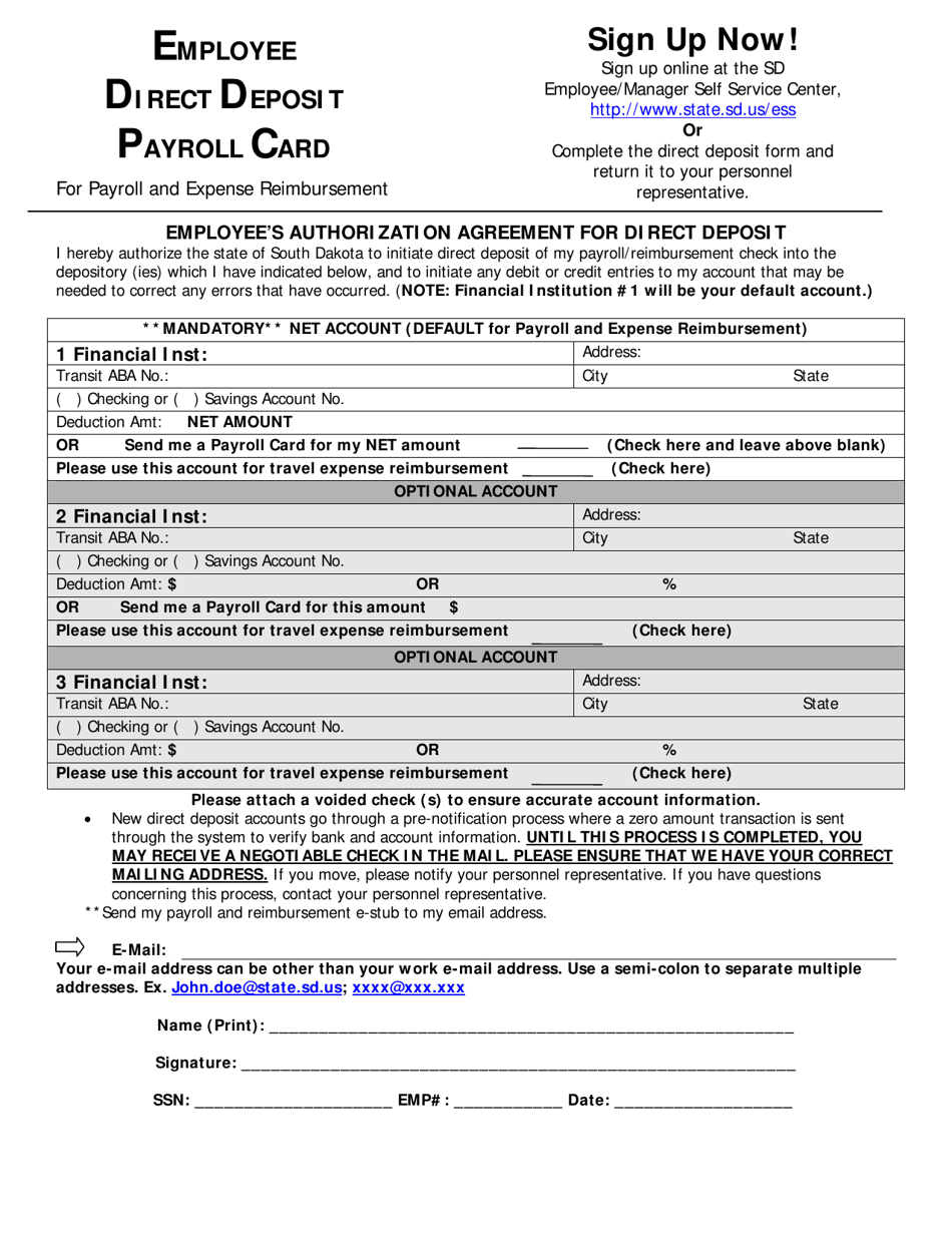 Employee's Authorization Agreement for Direct Deposit - South Dakota, Page 1