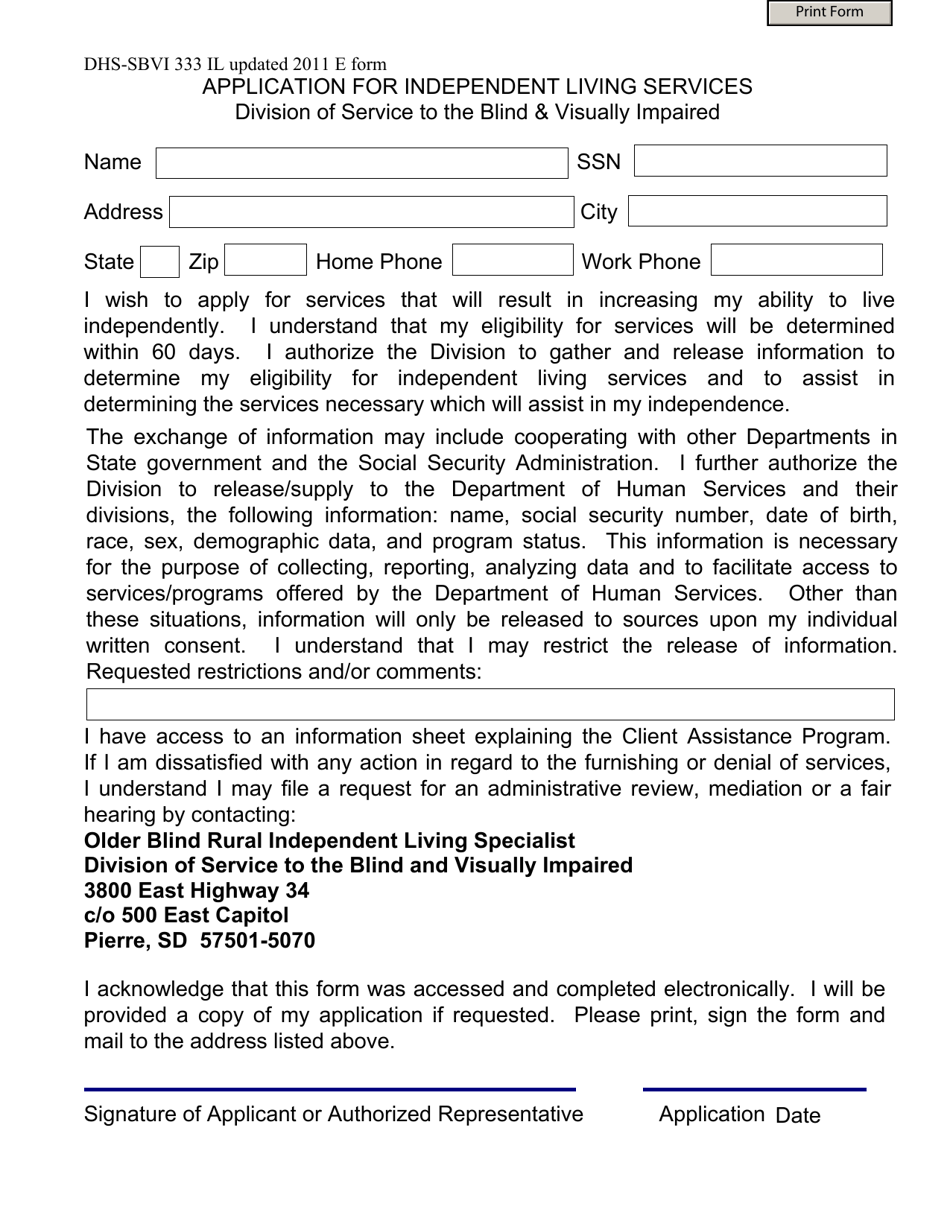 Form DHS-SBVI333 IL Application for Independent Living Services - South Dakota, Page 1