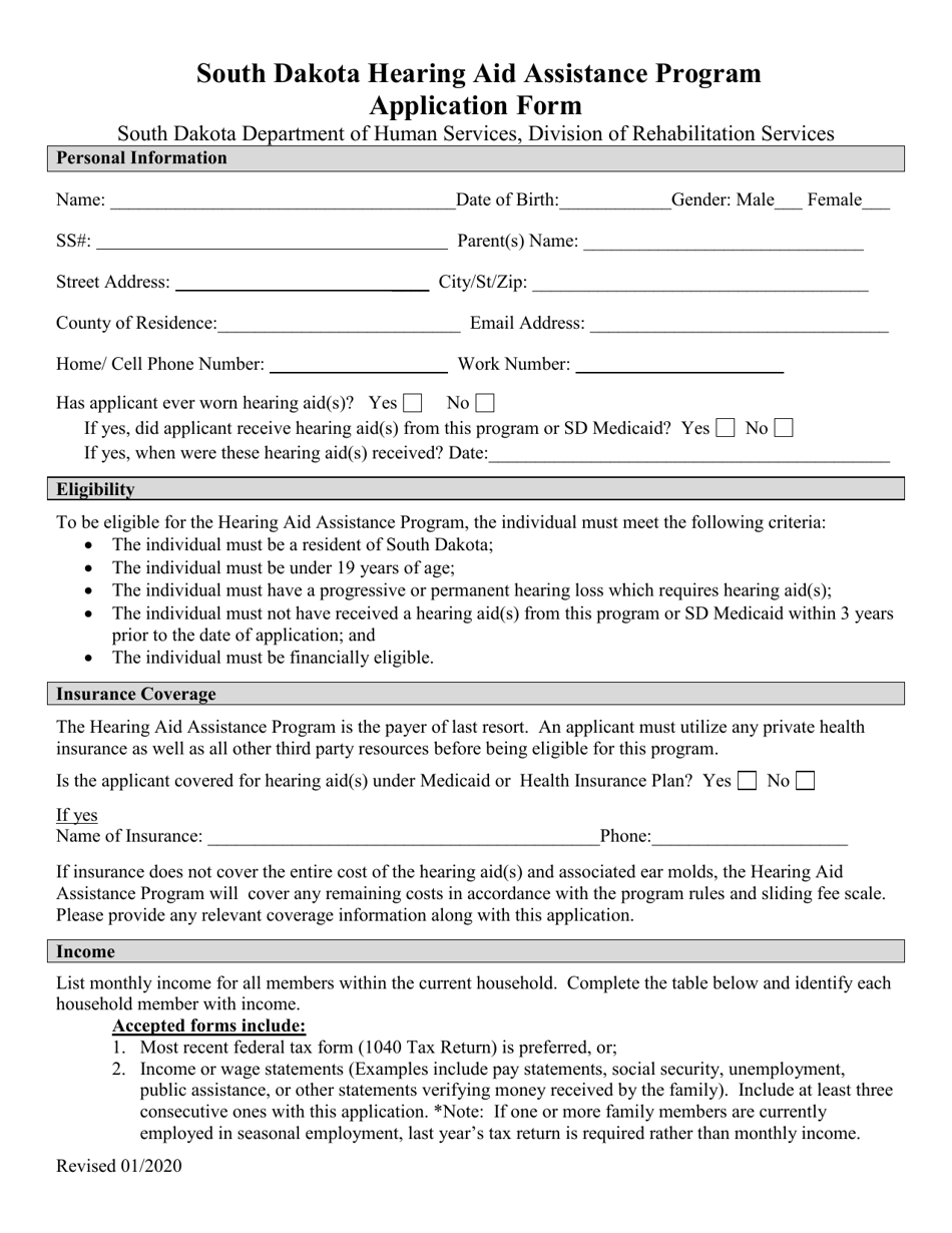 South Dakota Hearing Aid Assistance Program Application Form - South Dakota, Page 1