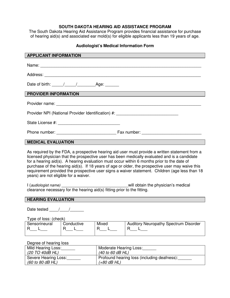 South Dakota Audiologists Medical Information Form Fill Out Sign Online And Download Pdf 1356