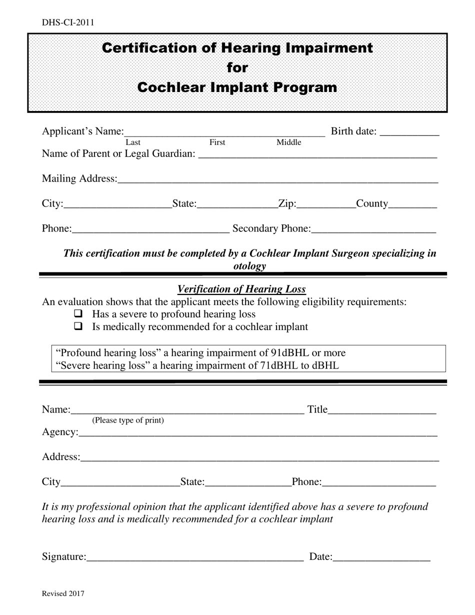 Form DHS-CI-2011 Certification of Hearing Impairment for Cochlear Implant Program - South Dakota, Page 1