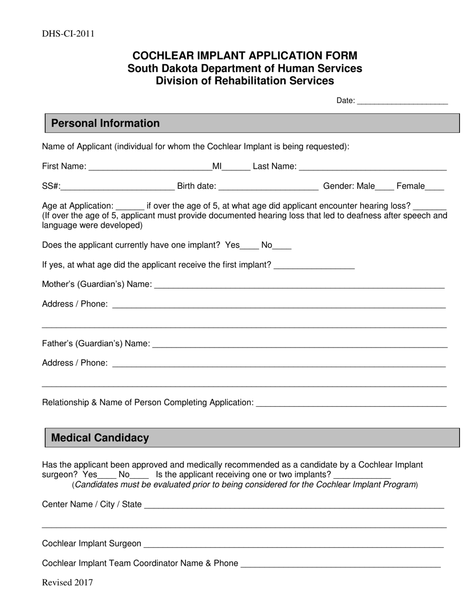 Form DHS-CI-2011 Cochlear Implant Application Form - South Dakota, Page 1