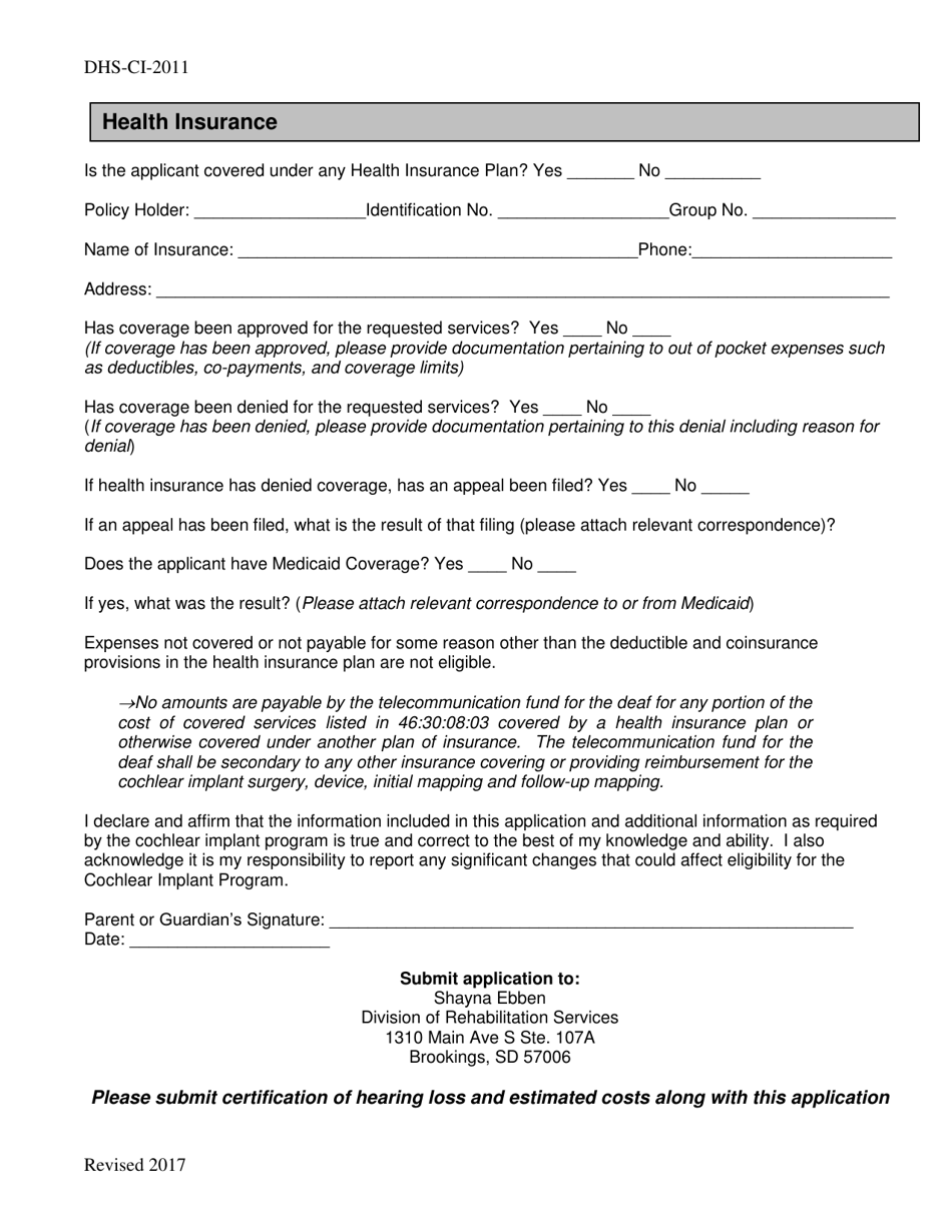 Form Dhs Ci 2011 Download Printable Pdf Or Fill Online Cochlear Implant Application Form South 9759