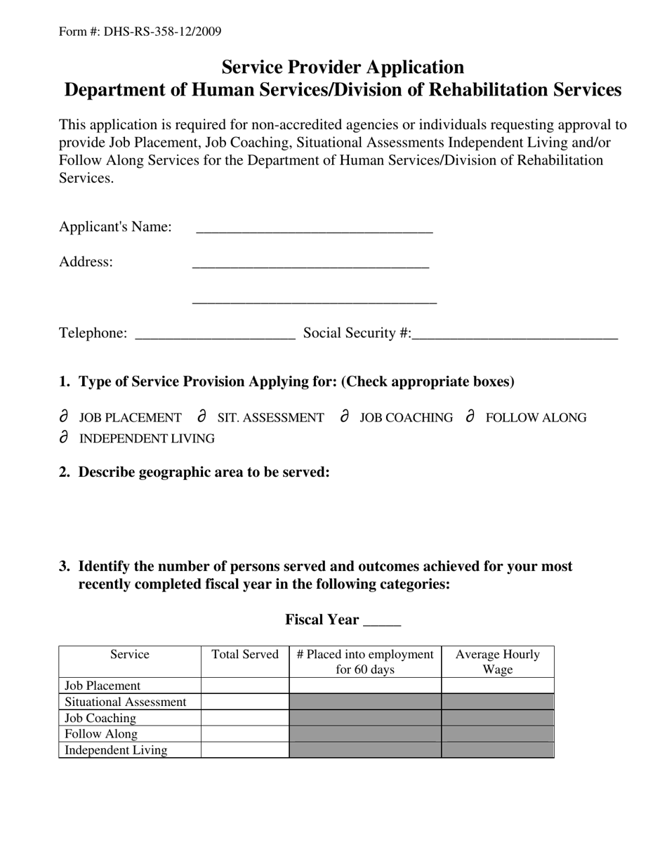 Form DHS-RS-358 Service Provider Application - South Dakota, Page 1