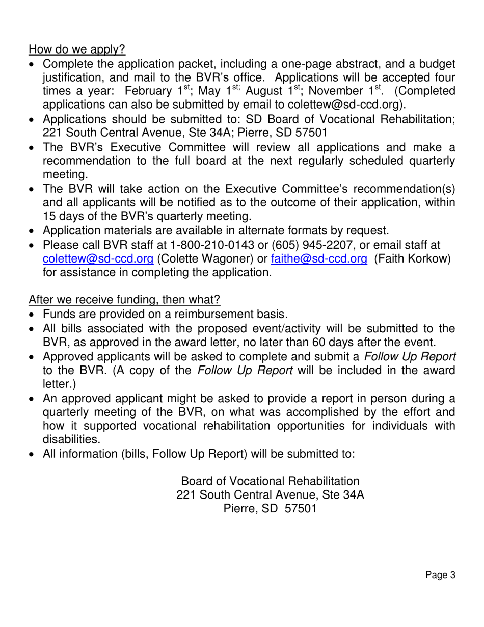 Organizational Application for Funding - Board of Vocational Rehabilitation (Bvr) - South Dakota, Page 3
