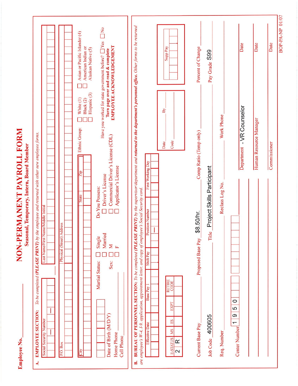 Form BOP-PA-NP Non-permanent Payroll Form - South Dakota, Page 1