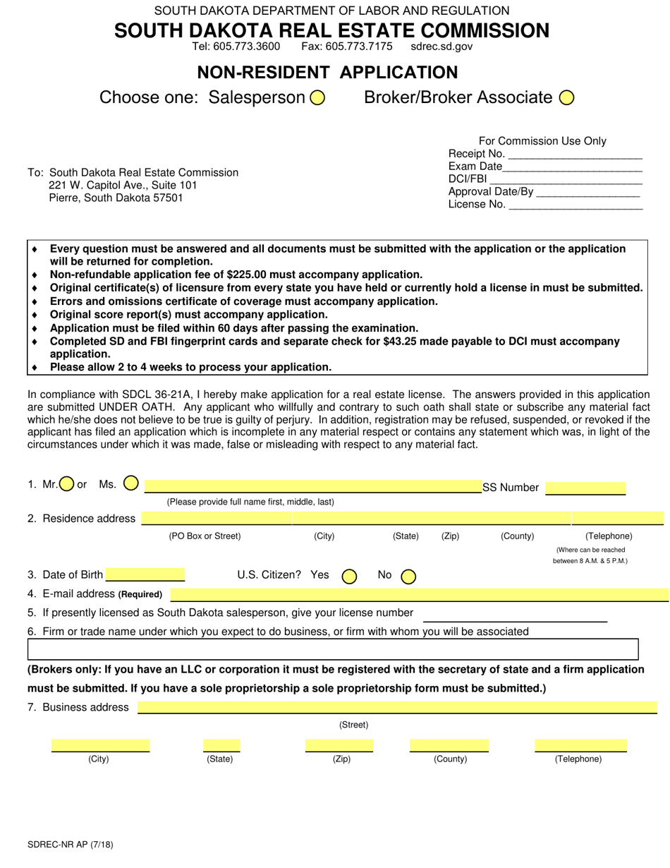 SD Form 0272 Non-resident Application - South Dakota, Page 2