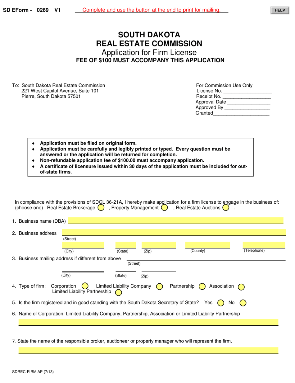 SD Form 0269 Application for Firm License - South Dakota, Page 1