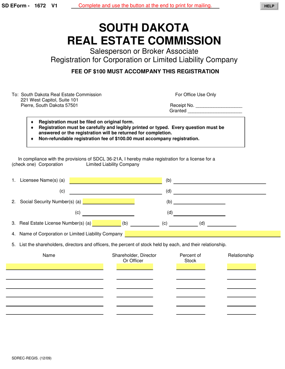 SD Form 1672 Salesperson or Broker Associate Registration for Corporation or Limited Liability Company - South Dakota, Page 1