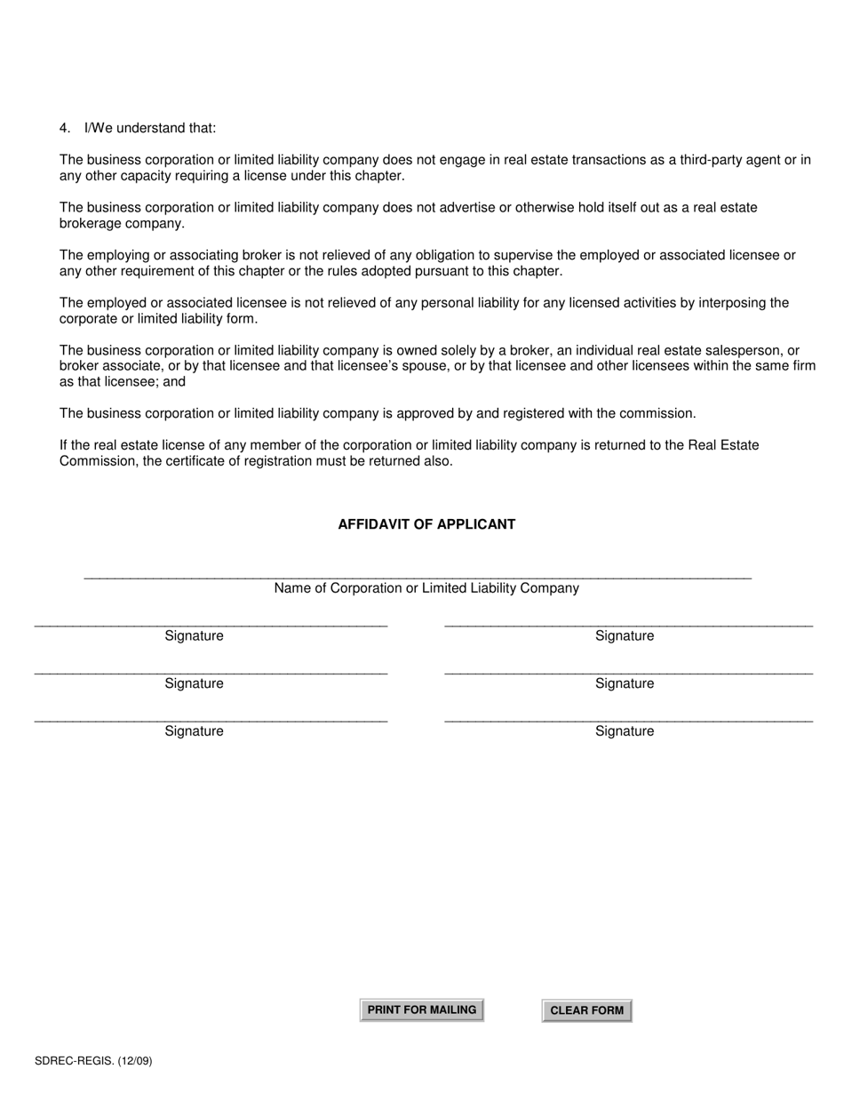 SD Form 1672 Salesperson or Broker Associate Registration for Corporation or Limited Liability Company - South Dakota, Page 2