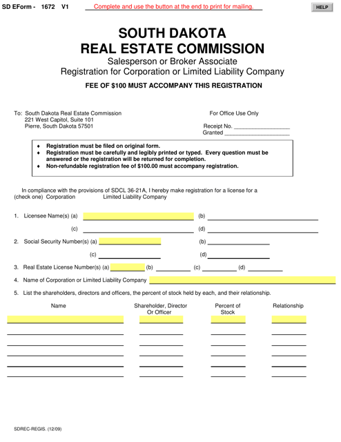 SD Form 1672 Salesperson or Broker Associate Registration for Corporation or Limited Liability Company - South Dakota