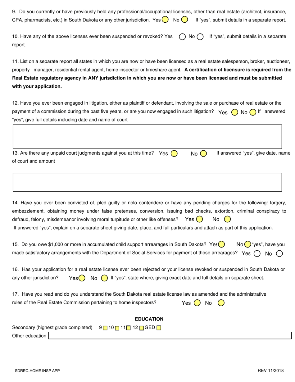 SD Form 1279 Application for License Home Inspector - South Dakota, Page 3