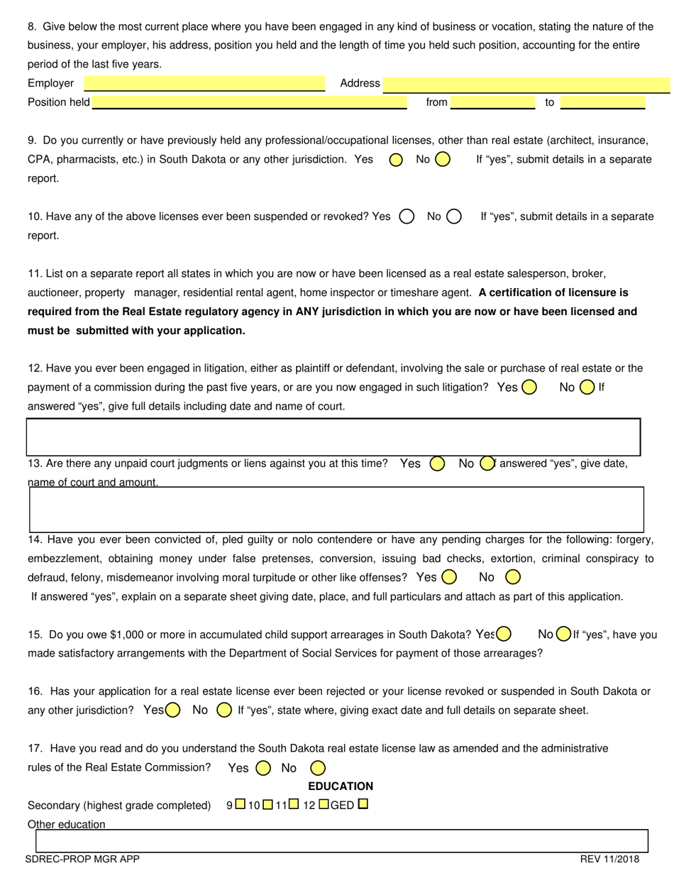 SD Form 0271 Application for License Property Manager - South Dakota, Page 3