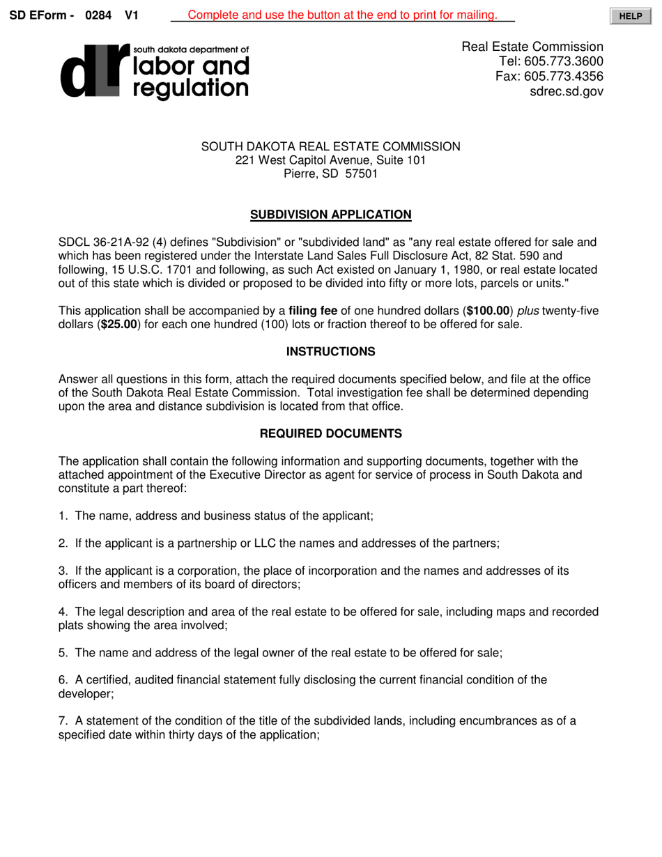 SD Form 0284 Subdivision Application - South Dakota, Page 1