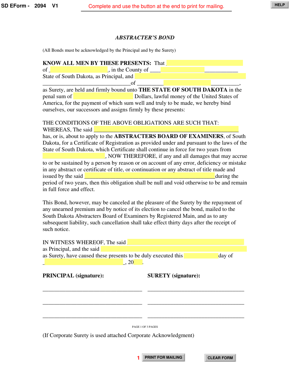 SD Form 2094 Abstracters Bond - South Dakota, Page 1