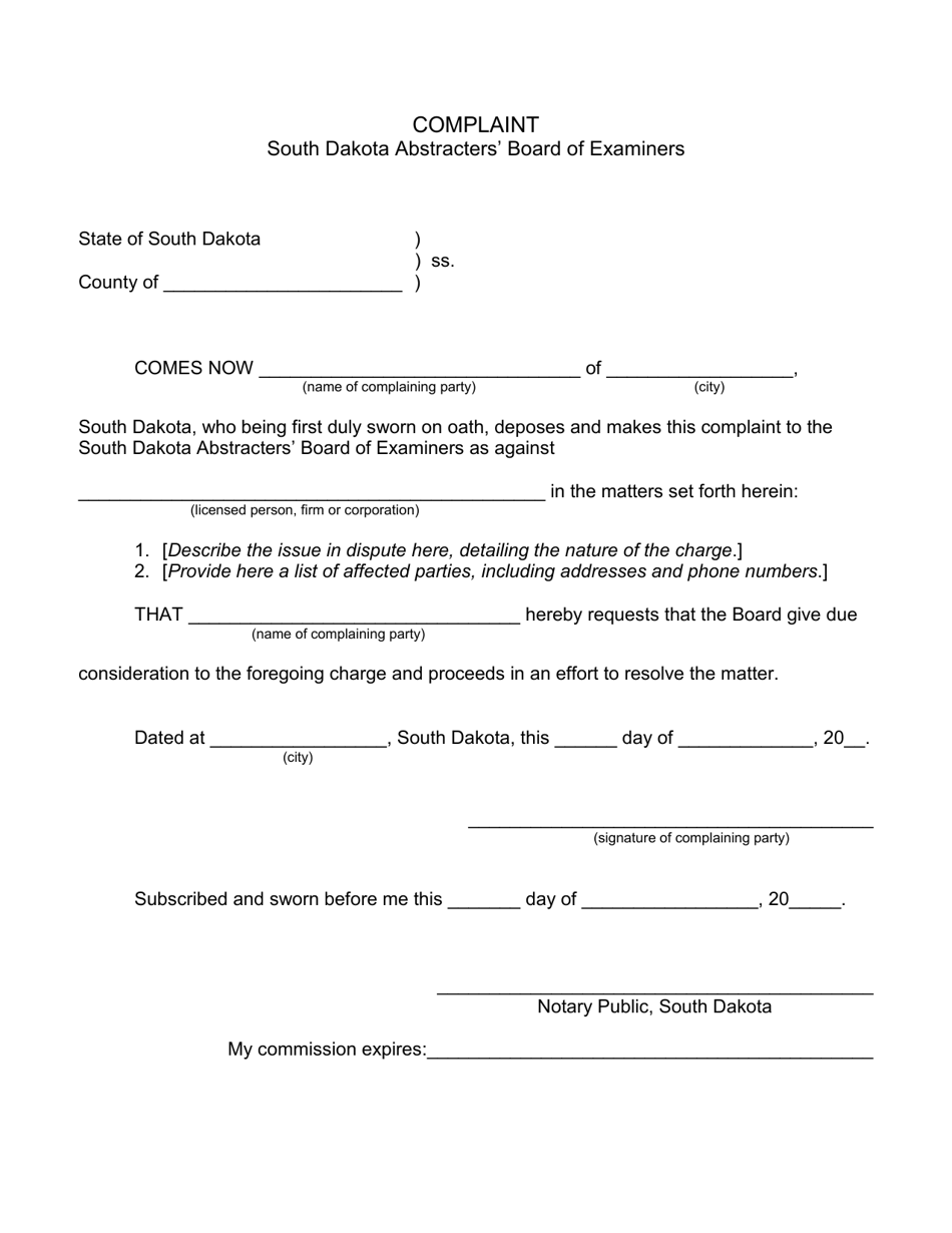 Abstracters Complaint Form - South Dakota, Page 1