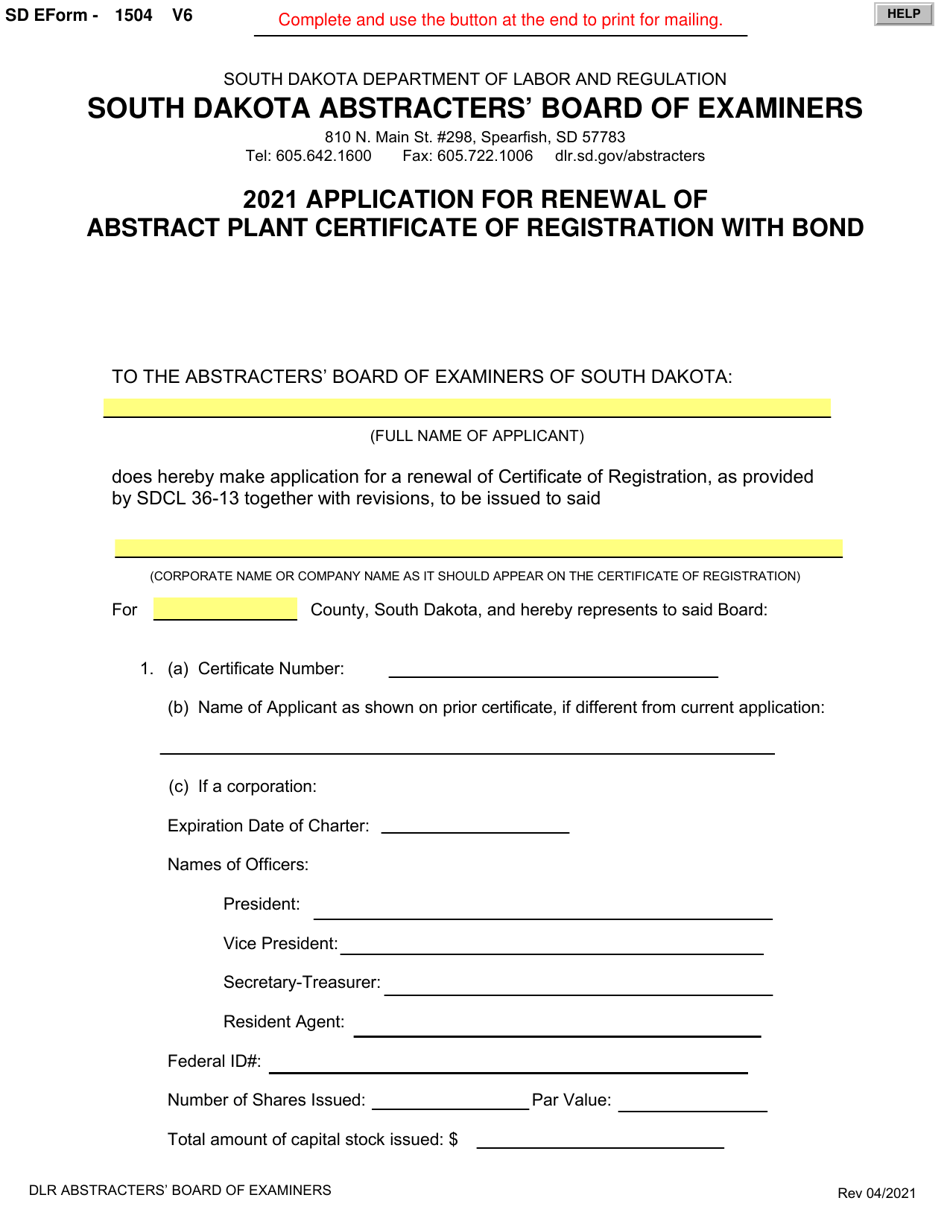 SD Form 1504 Application for Renewal of Abstract Plant Certificate of Registration With Bond - South Dakota, Page 1