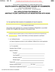 Document preview: SD Form 1504 Application for Renewal of Abstract Plant Certificate of Registration With Bond - South Dakota