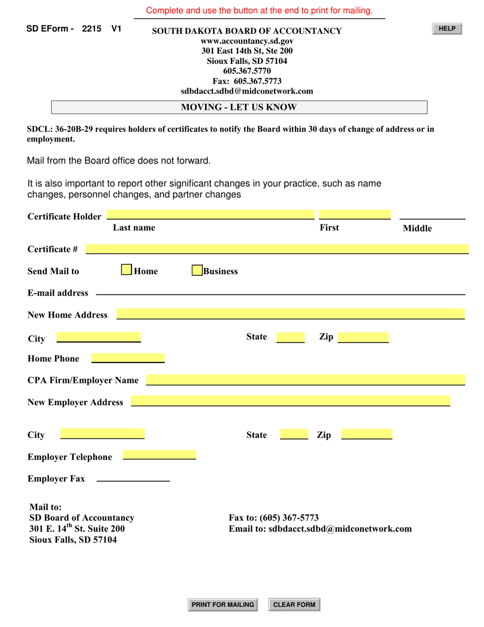 SD Form 2215 Change in Contact Information Form - South Dakota, Page 1
