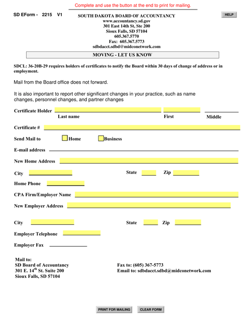 SD Form 2215 Change in Contact Information Form - South Dakota