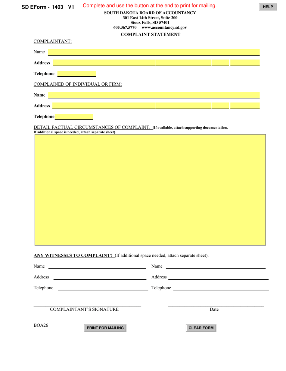 SD Form 1403 (BOA26) Complaint Statement - South Dakota, Page 1