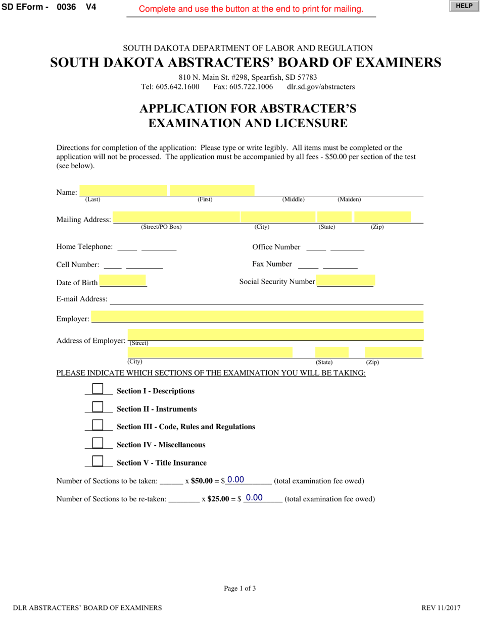 SD Form 0036 Application for Abstracters Examination and Licensure - South Dakota, Page 1