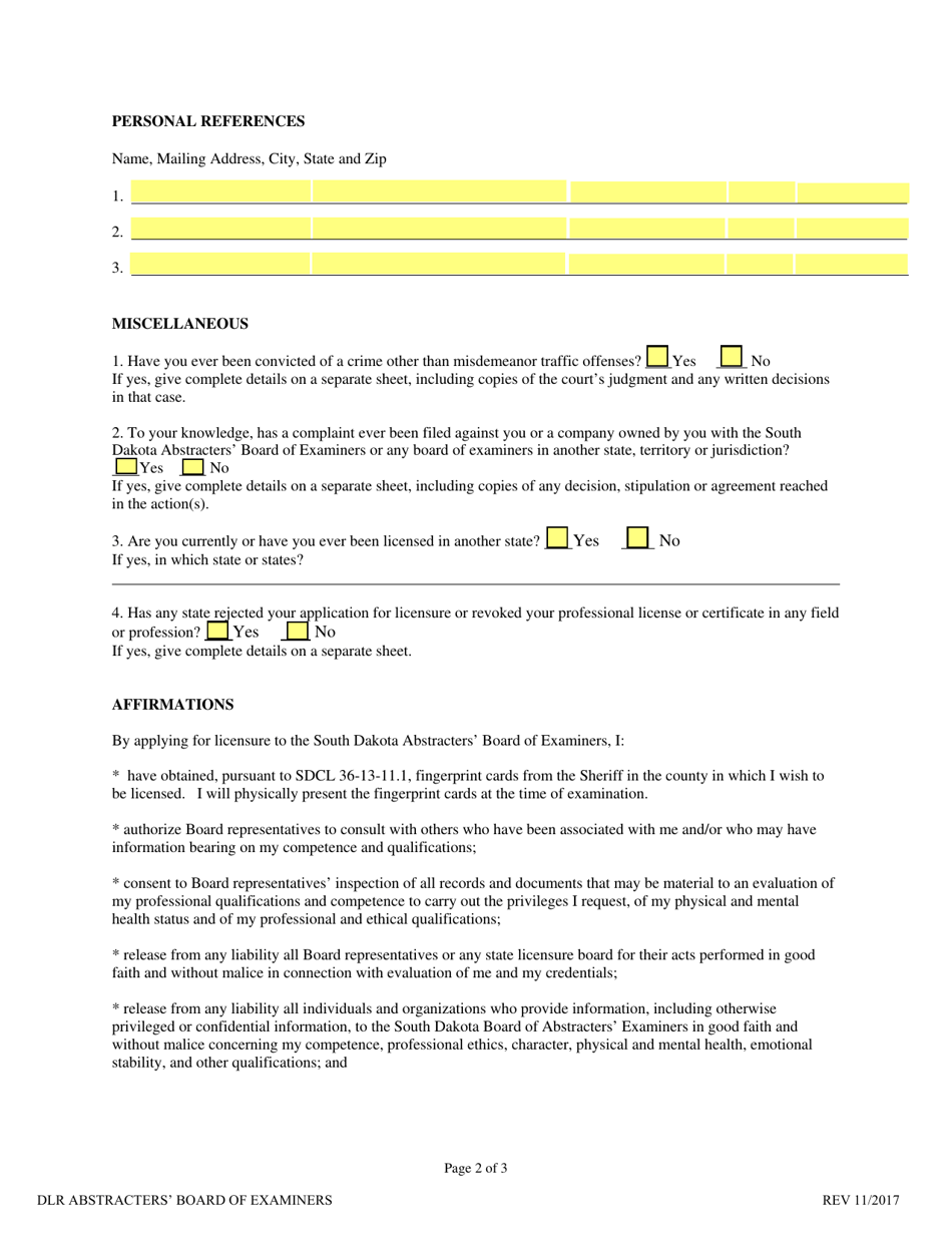 SD Form 0036 Application for Abstracters Examination and Licensure - South Dakota, Page 2