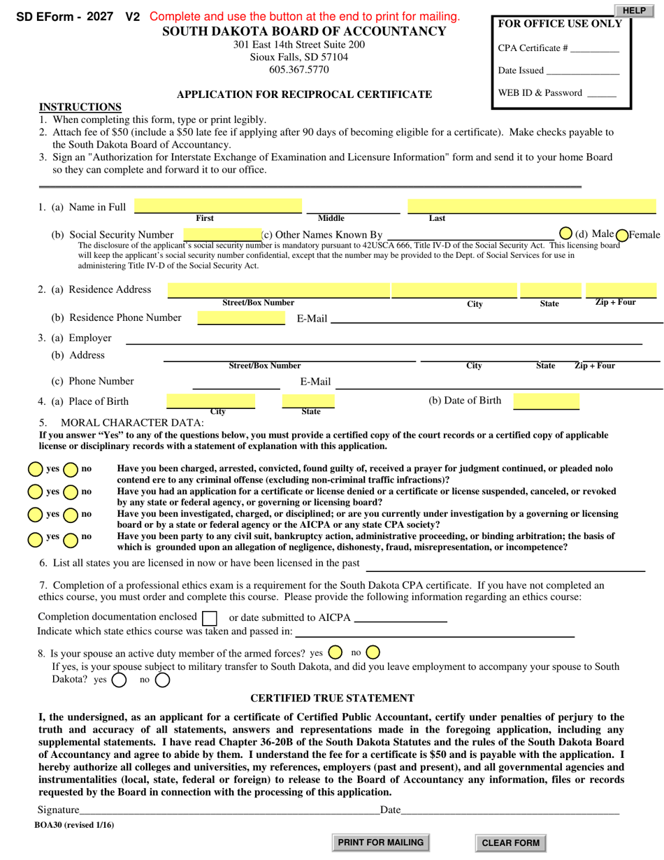 SD Form 2027 (BOA30) Application for Reciprocal Certificate - South Dakota, Page 1
