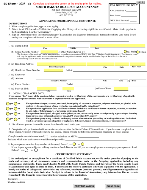 SD Form 2027 (BOA30) Application for Reciprocal Certificate - South Dakota