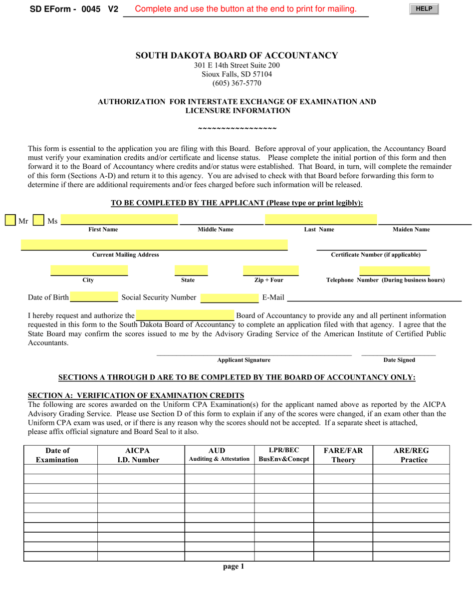 SD Form 0045 (BOA7) Authorization for Interstate Exchange of Examination and Licensure Information - South Dakota, Page 1