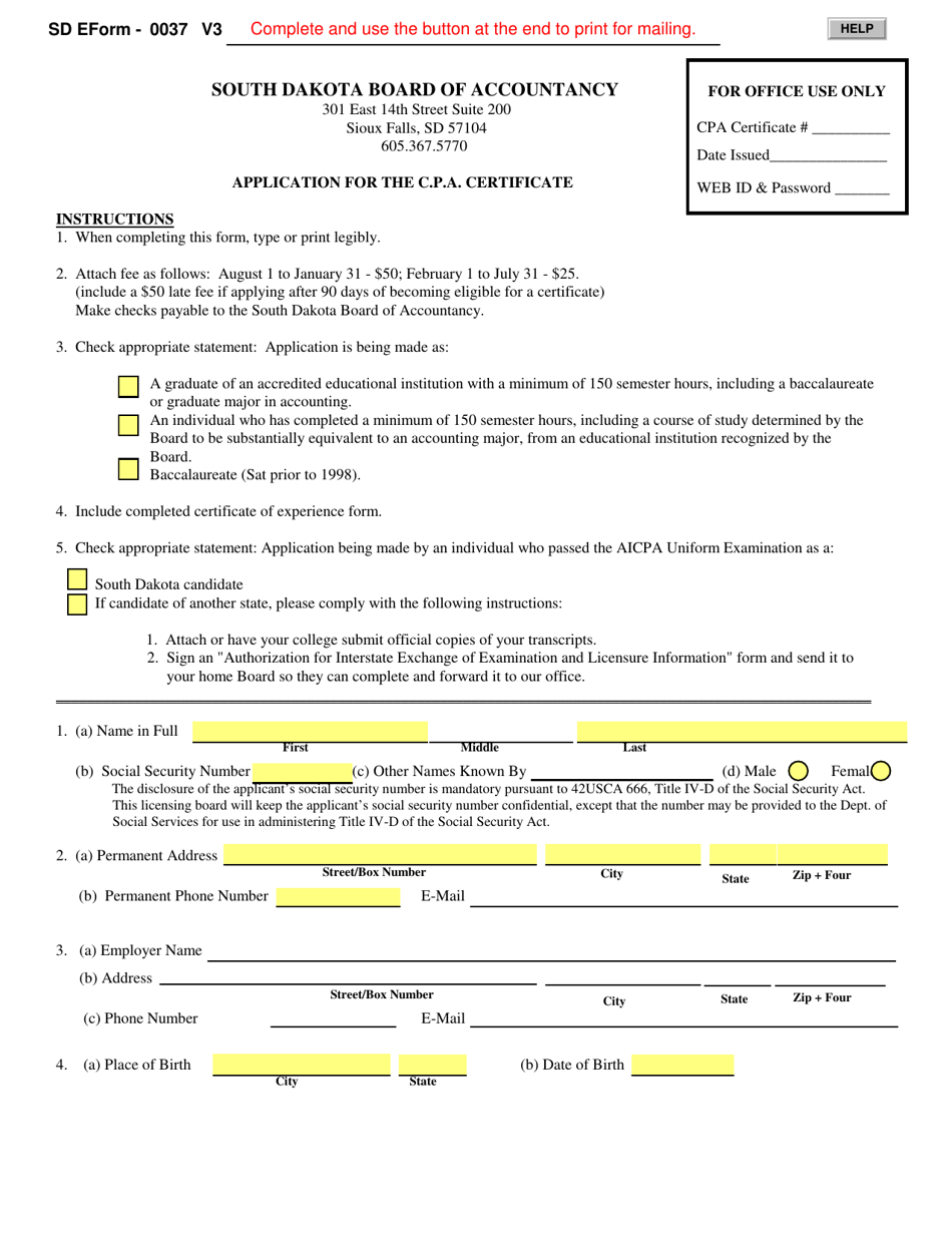 SD Form 0037 (BOA6) Application for the C.p.a. Certificate - South Dakota, Page 1