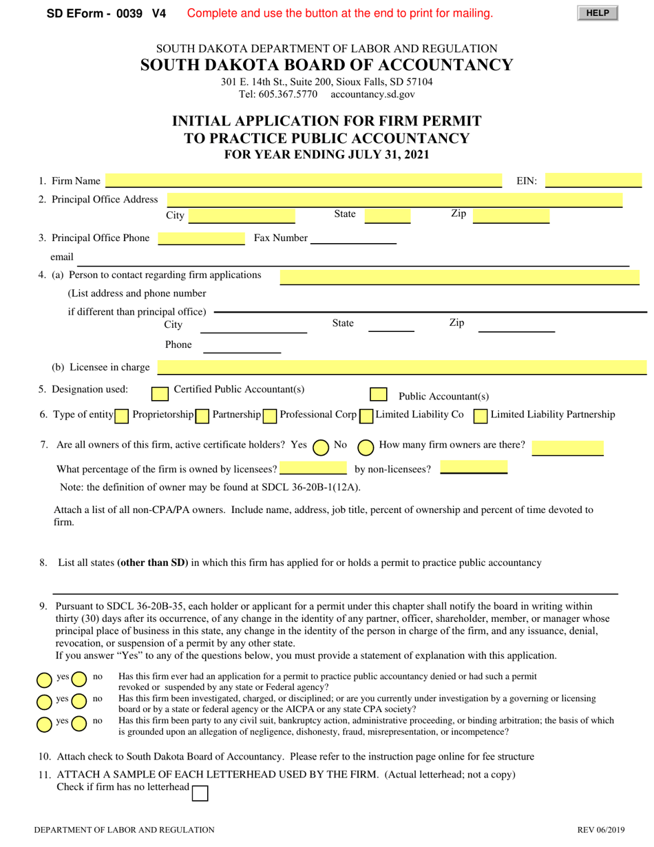 SD Form 0039 Initial Application for Firm Permit to Practice Public Accountancy - South Dakota, Page 1