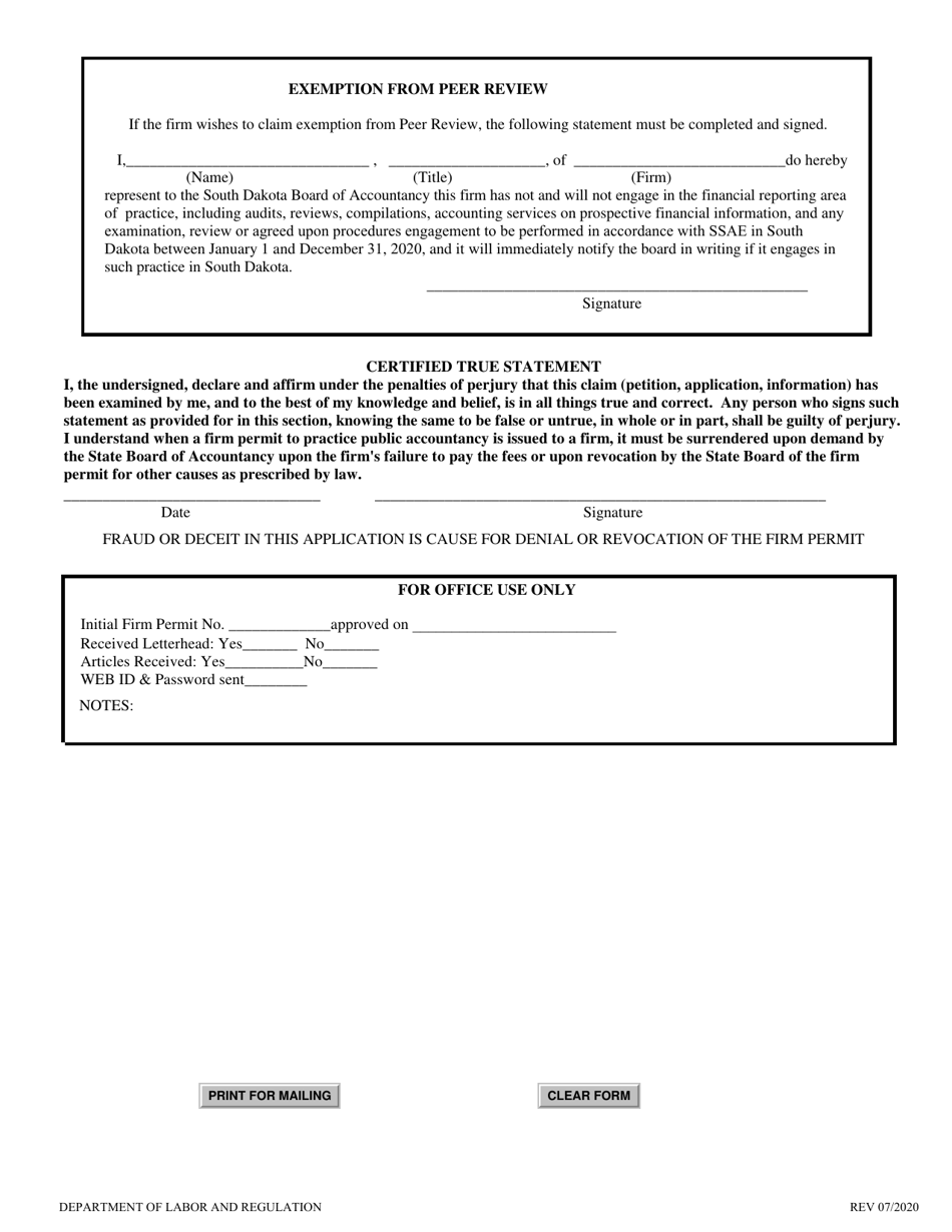 SD Form 0039 Initial Application for Firm Permit to Practice Public Accountancy - South Dakota, Page 2