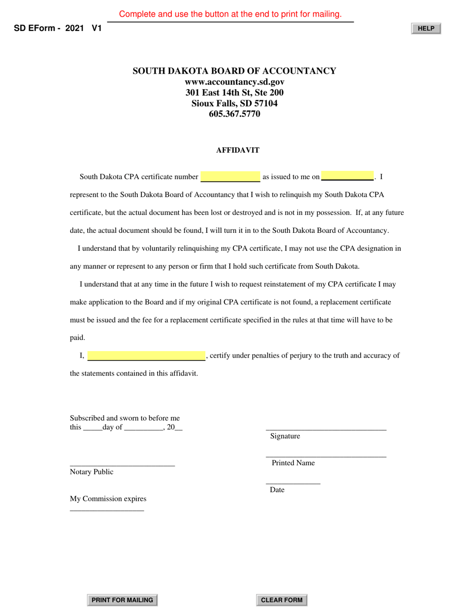 SD Form 2021 Affidavit for Lost CPA Certificate - South Dakota, Page 1