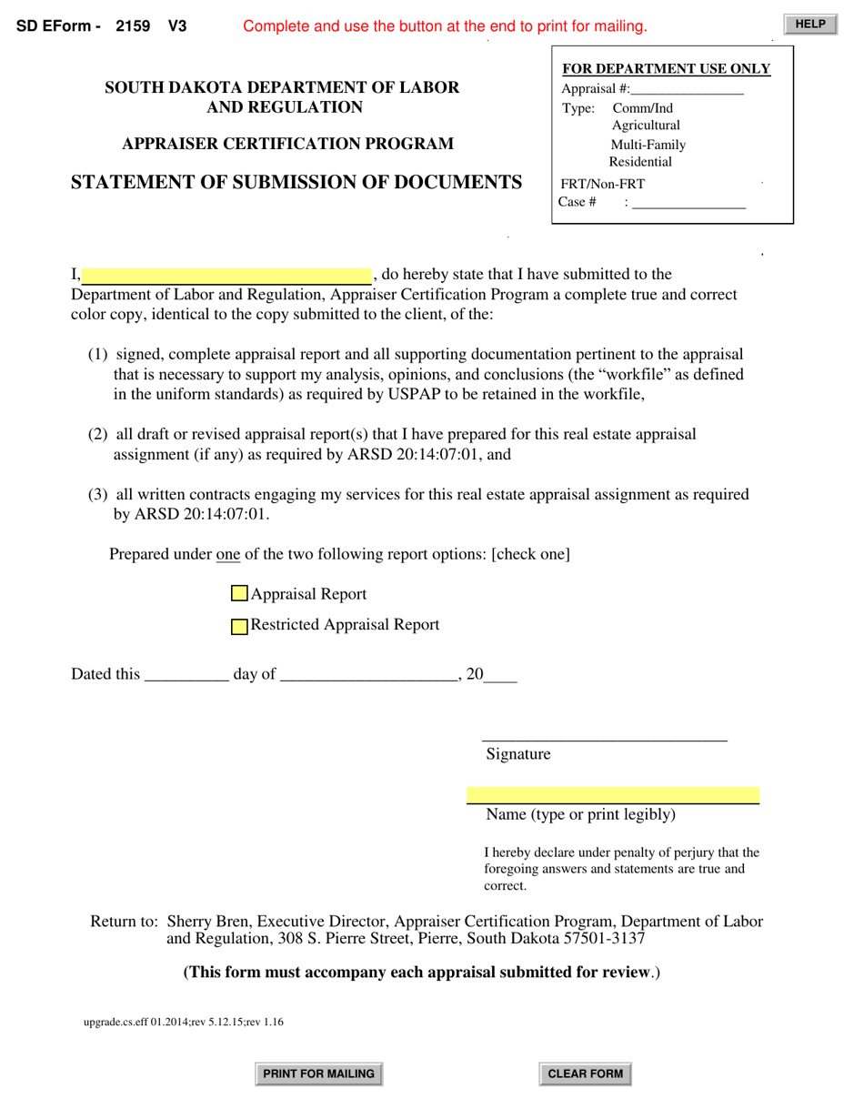 SD Form 2159 Statement of Submission of Documents - South Dakota, Page 1