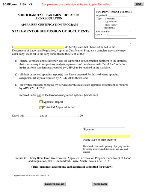SD Form 2159 Statement of Submission of Documents - South Dakota