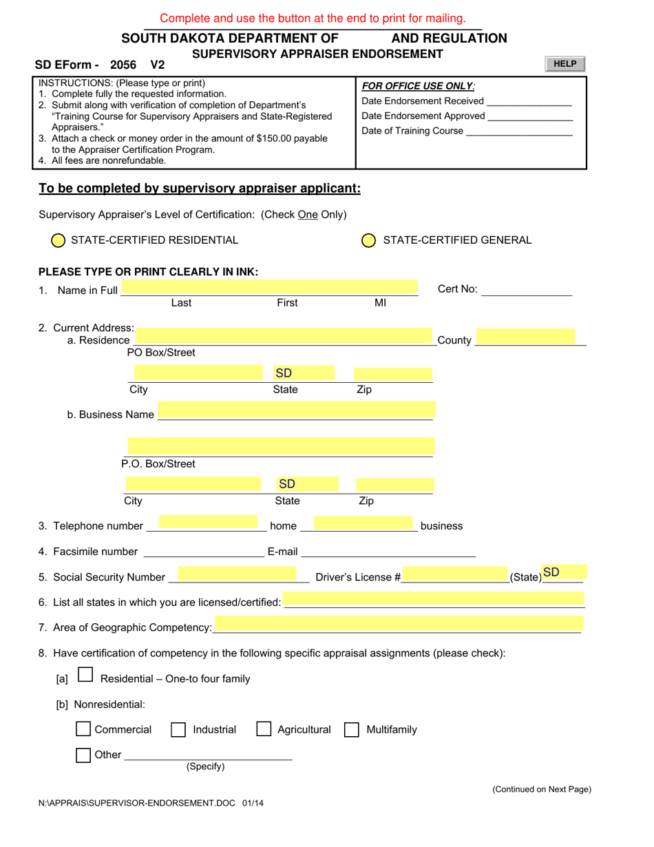 SD Form 2056 Supervisory Appraiser Endorsement - South Dakota, Page 1
