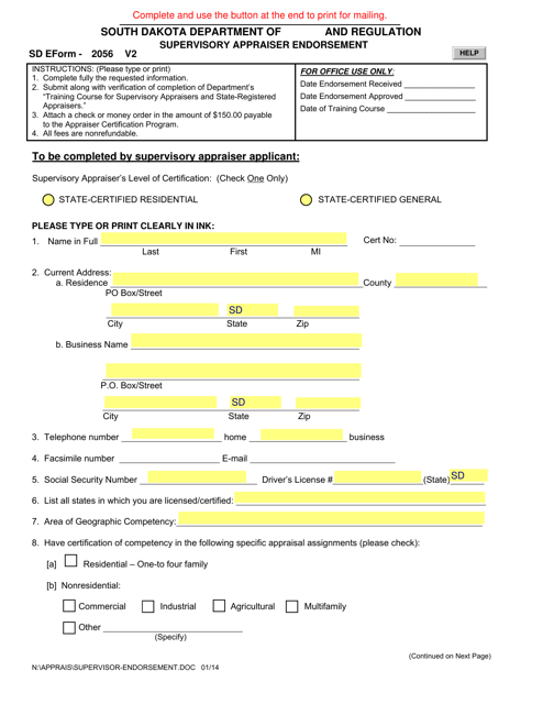 SD Form 2056 Supervisory Appraiser Endorsement - South Dakota