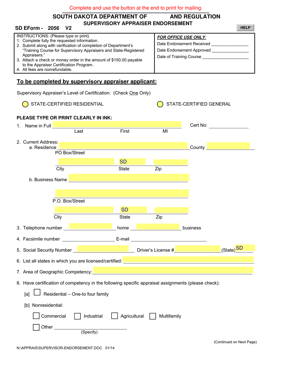 SD Form 2056 - Fill Out, Sign Online and Download Printable PDF, South ...