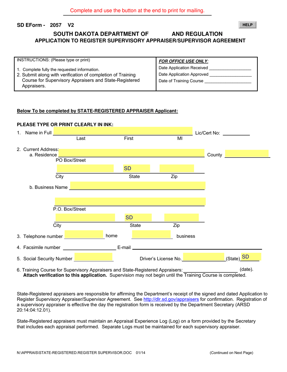 SD Form 2057 Application to Register Supervisory Appraiser / Supervisor Agreement - South Dakota, Page 1