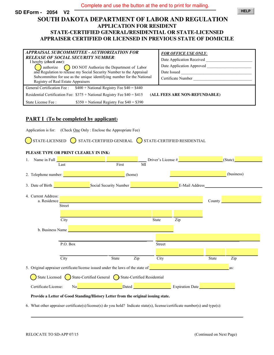 SD Form 2054 Application for Resident State-Certified General / Residential or State-Licensed Appraiser Certified or Licensed in Previous State of Domicile - South Dakota, Page 1