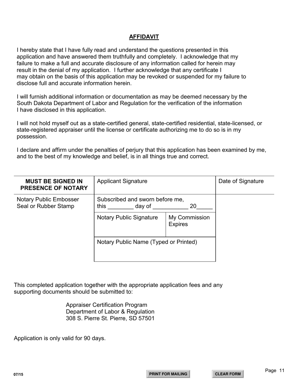 SD Form 0051 Application for State-Certified General / Residential, Licensed, or Registered Appraiser - South Dakota, Page 11