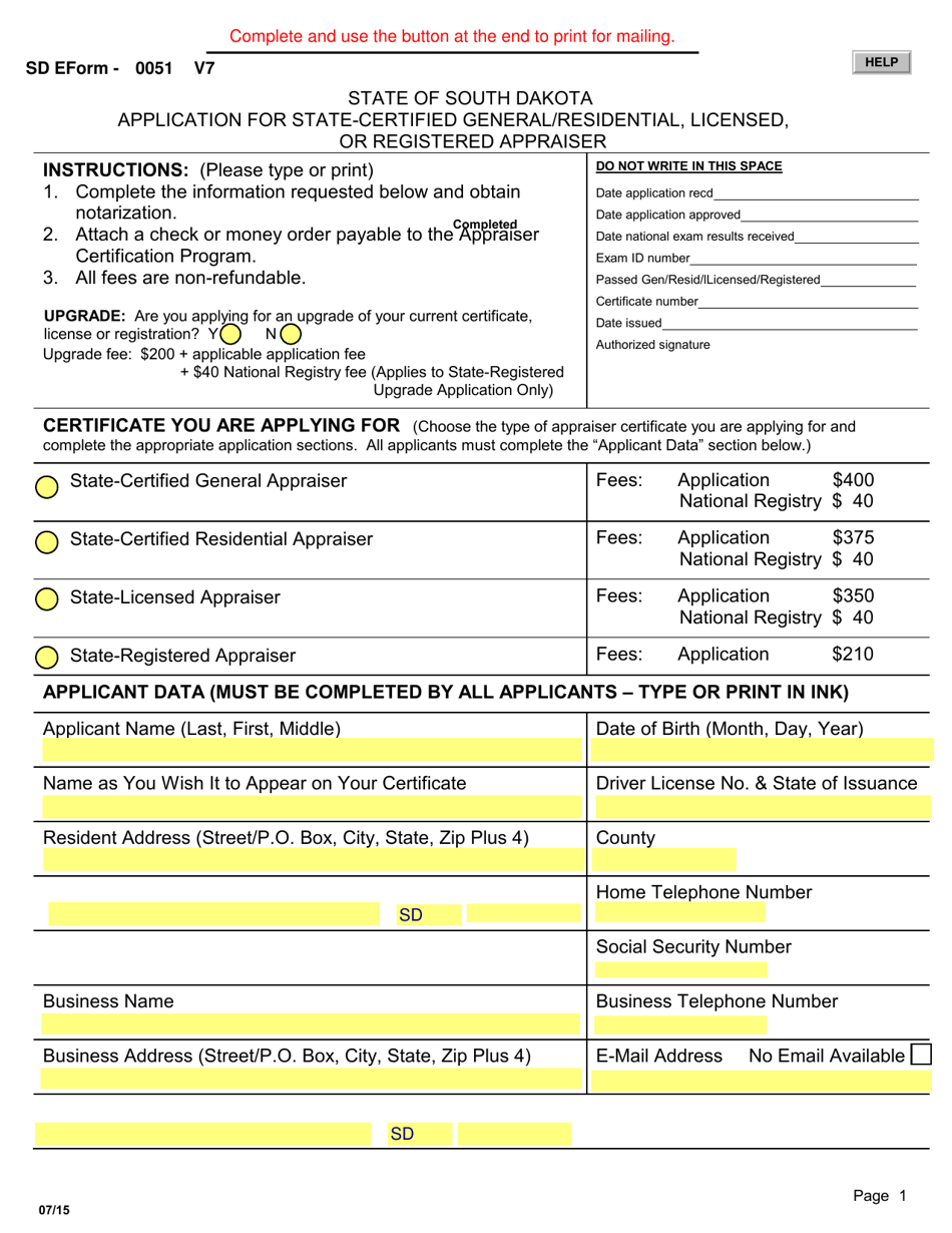 SD Form 0051 Application for State-Certified General / Residential, Licensed, or Registered Appraiser - South Dakota, Page 1
