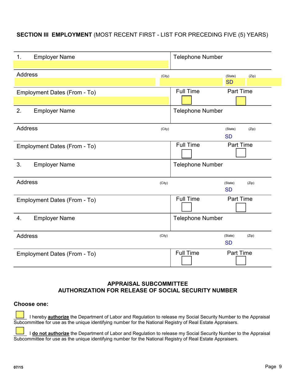 SD Form 0051 Application for State-Certified General / Residential, Licensed, or Registered Appraiser - South Dakota, Page 9