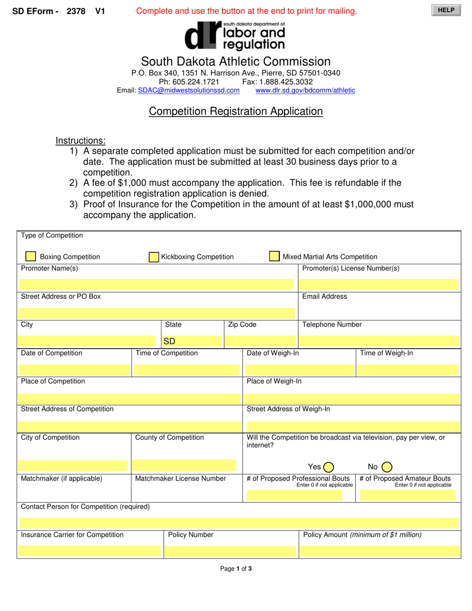 SD Form 2378 Competition Registration Application - South Dakota, Page 1