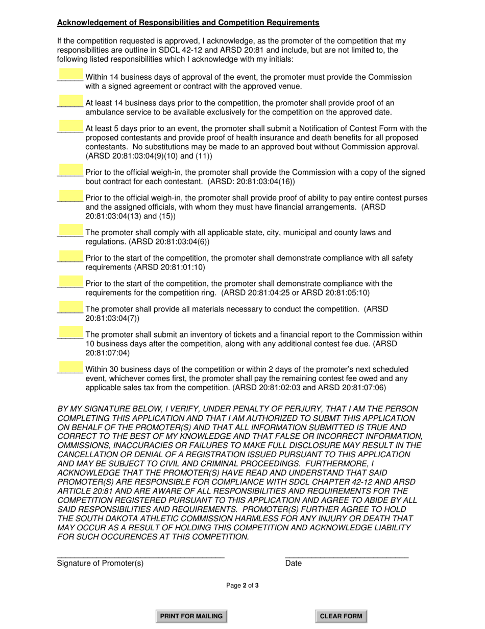SD Form 2378 Competition Registration Application - South Dakota, Page 2